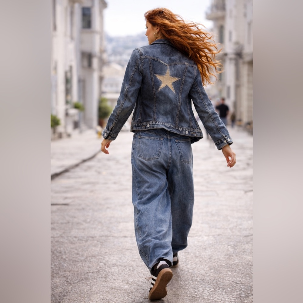 Rhinestone Inlaid Star Patched Upcycled Distressed Blue Black Denim Jean Jacket - Picture 3 of 12